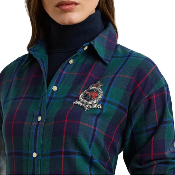 NWT Lauren Ralph Lauren Relaxed Fit Black Watch Plaid Shirt w/ Bead Crest-size L - Picture 3 of 10